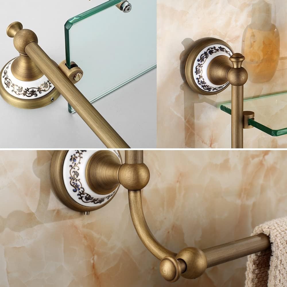 Shower Caddy Bathroom Glass Shelf 2 Tier, Coming with Towel Bar, Shower Caddy Bath Basket, Wall Mount, Antique Brass, Bronze Finish Bathroom Organizer