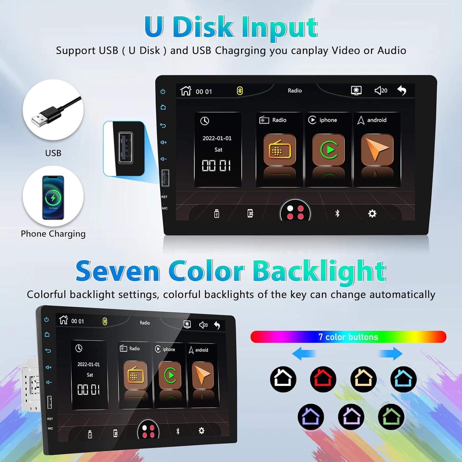 9 Inch Car Stereo Single Din Radio with Wireless Apple Carplay & Android Auto,1 Din Bluetooth Car Audio Recivers Touchscreen with iOS/Android Mirror Link FM Radio/TF/USB/AUX Input+AHD Backup Camera