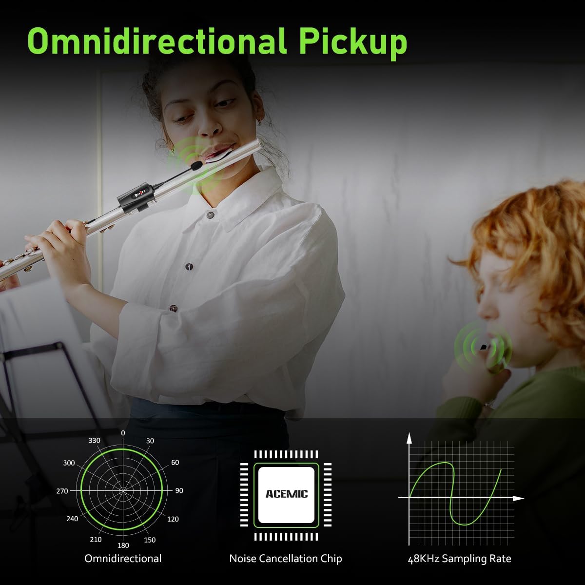 Dual UHF Flute Wireless Instrument Microphone Wireless Tie-on Mic for Flute, 1 Receiver and 2 Transmitter System for Live Performances, PA Systems, Audio Mixers, and Speakers Q2/DT-5