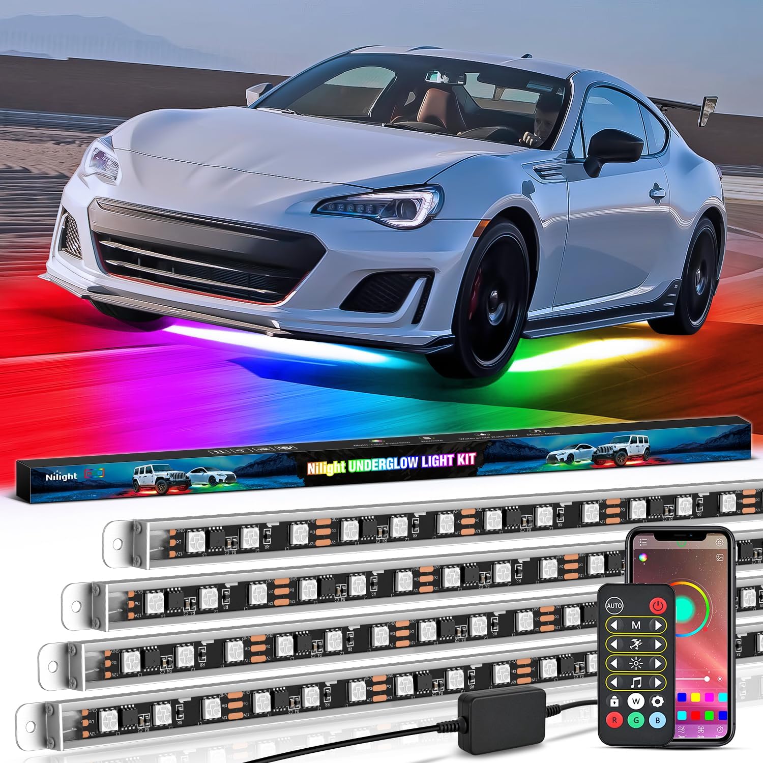 Nilight 4Pcs Aluminum Underglow Neon Accent Strip Lights 396 LEDs Dream Color Door Assist Multi Mode Sound Active Function Music Modes with APP Remote Control Underbody Light Strips for Car Truck RV