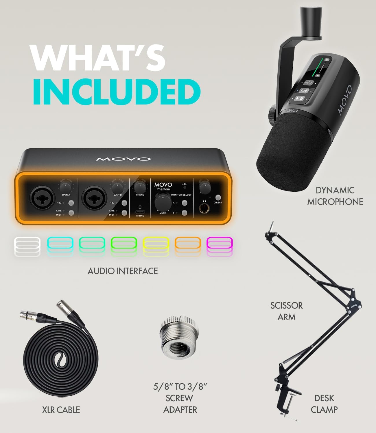 Movo Music Audio Interface Bundle - Phantom USB Audio Interface, UM6 XLR/USB-C Dynamic Microphone, and Boom Arm - Professional Studio Setup for Musicians, Singers, and Producer