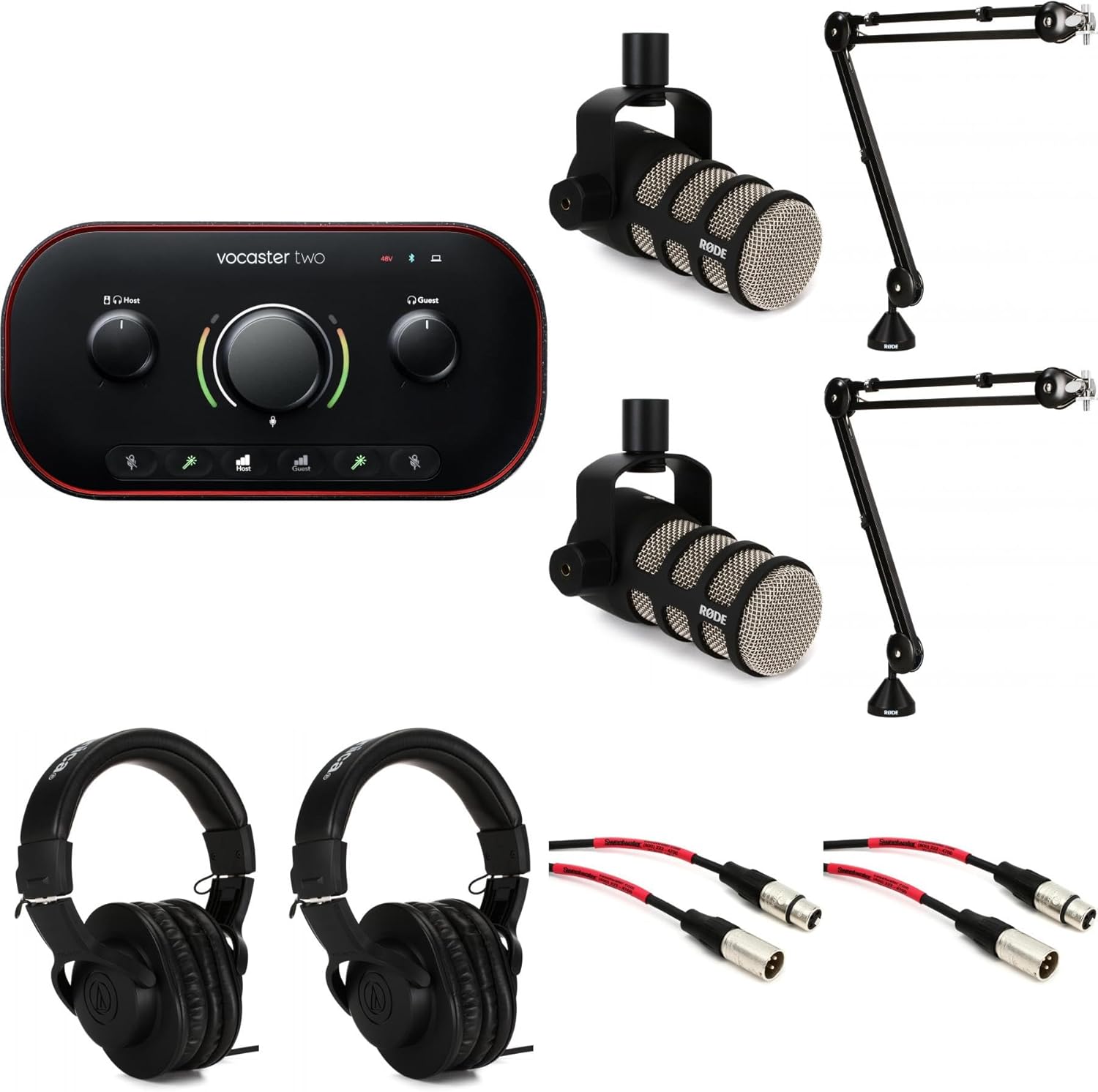 GearNuts Focusrite Dual Host Podcast Bundle with PodMic & Boom Arms, Vocaster 2
