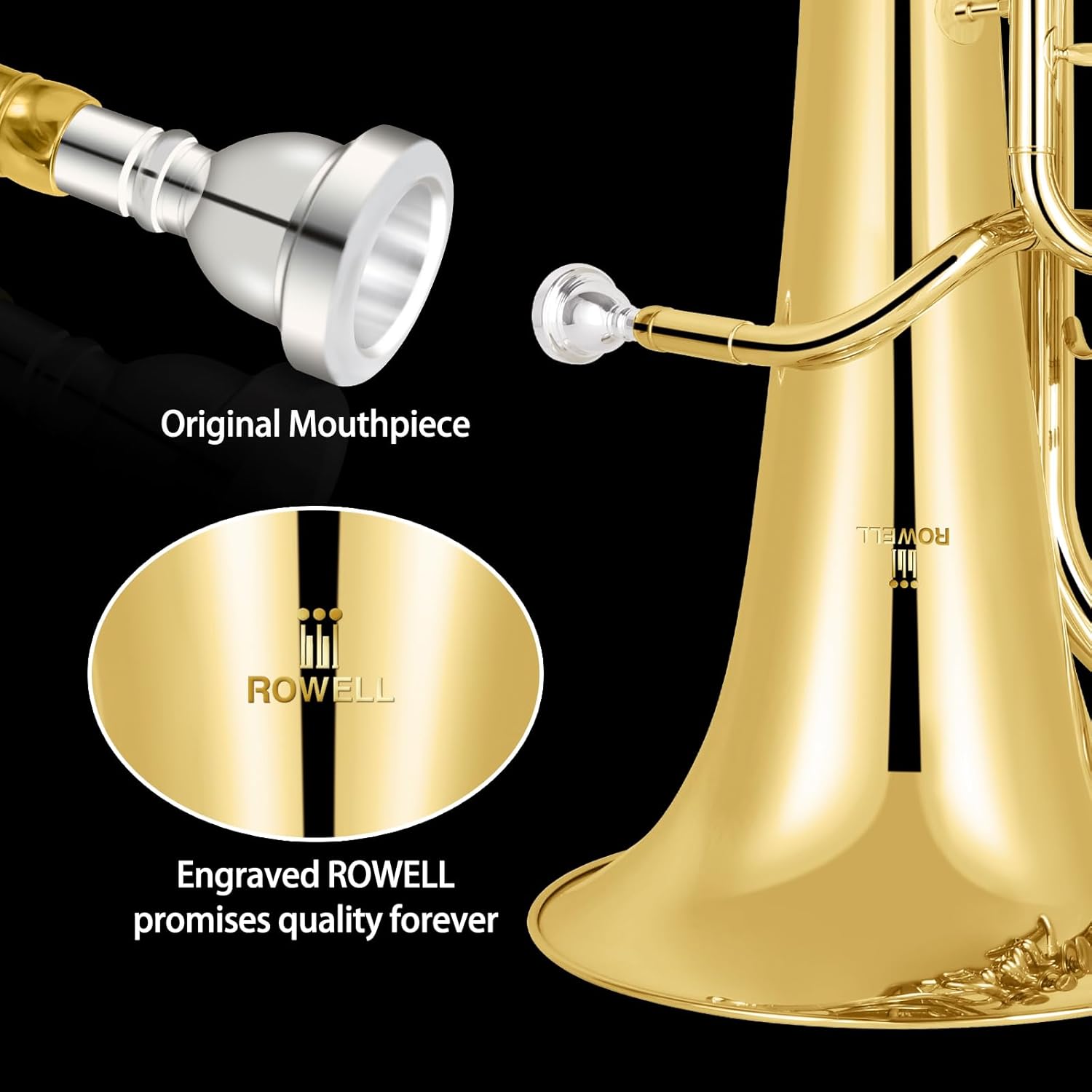 ROWELL Euphonium 3 Valves Bb Brass Lacquer Gold 3 Stainless Steel Pistons Student Euphonium Beginners Intermediate Euphoniums with Case Gloves and Polishing Cloth