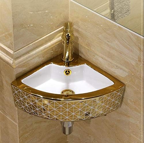 Ceramic Golden White Color Corner Wall Mount Bathroom Sink White Ceramic With Center Faucet Hole And Overflow 13 x 13 x 5.5 Inch