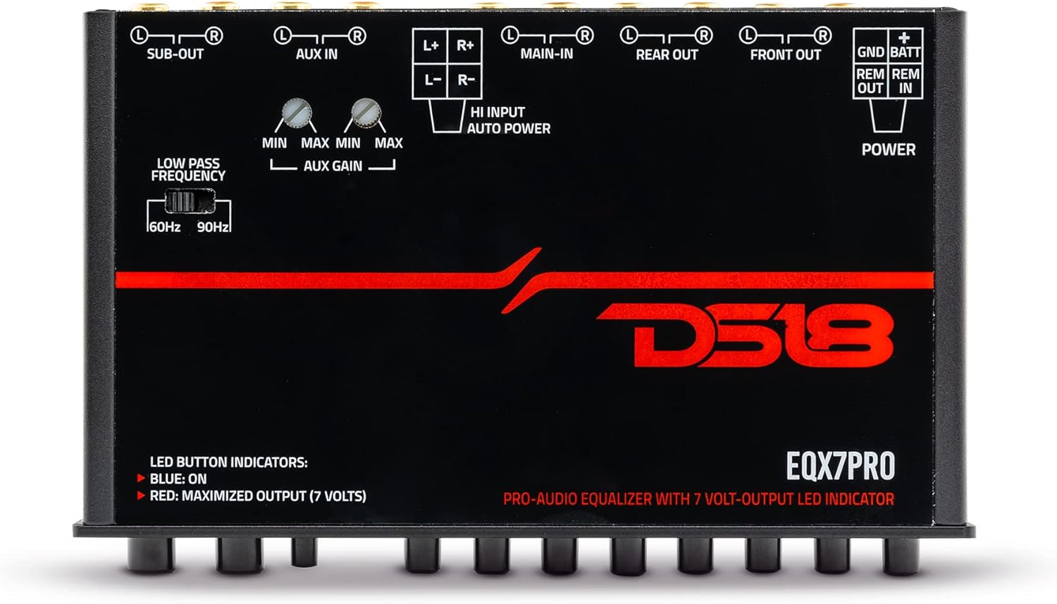 DS18 EQX7PRO Audio Equalizer/Crossover High Level Input 7-Band Auto Turn On, Subwoofer Output, Adjustable Filters, High Volt Led Indicator, RCA Input - Great for Finely Adjusting Amplifiers Ranges