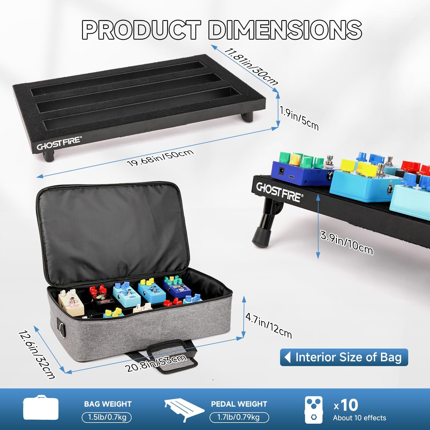 Ghost Fire Guitar Pedal Board Aluminum Alloy 1.76lb Super light Effect Pedalboard 19.8''x11.5'' with Carry Bag,SPL-04 and Power Supply GS10-SV2