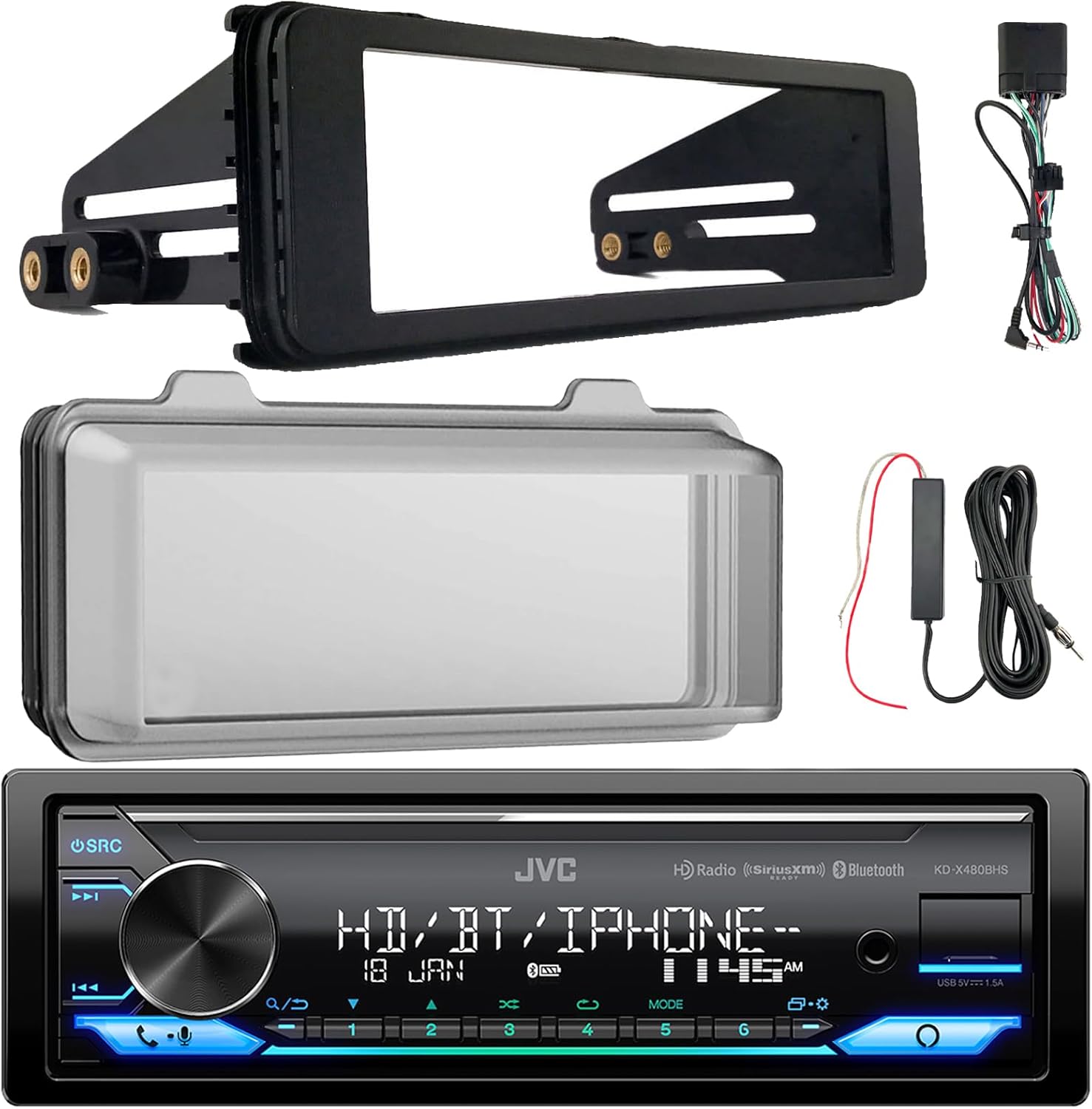 JVC KD-X480BHS Single DIN Bluetooth USB/AUX LED AM/FM Radio SiriusXM Ready Amazon Alexa Stereo Receiver W/Stereo Install Kit + Weather Shield Receiver Cover, Signal Reception Amplifier Booster Kit