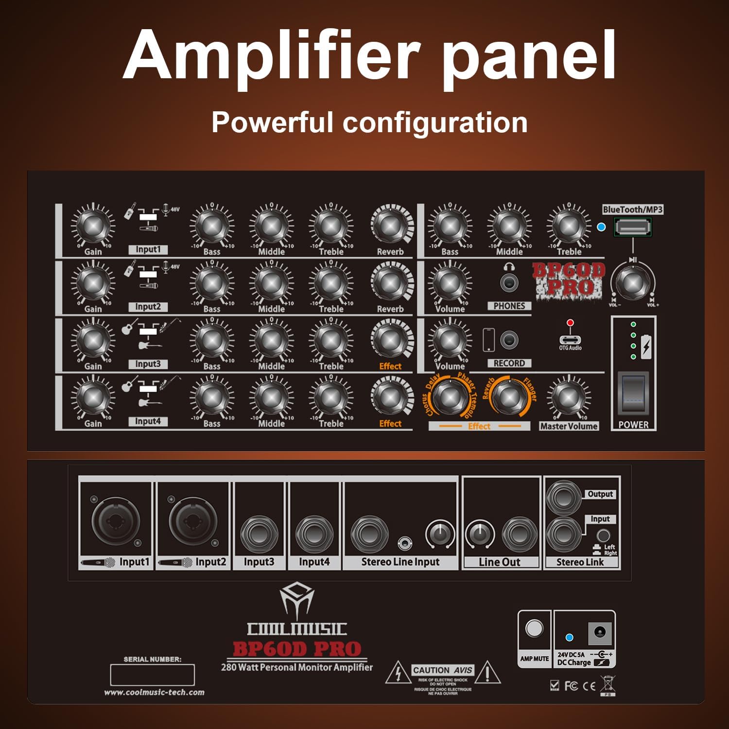 Coolmusic 300W Professional Acoustic Guitar Amp，Busking Amplifier PA System with 7 Inputs, Studio-Grade Reverb/Chorus/Delay/Tremolo/Phaser/Flanger, 3-Band EQ