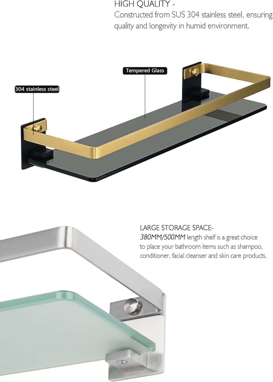 Shower Caddy Bathroom Shelves Organizer, Glass Shelf Wall Mount Rail Bathroom Shelf, 304 Stainless Steel Bathroom Accessories Bathroom Organizer (Color : 38cm Silver)