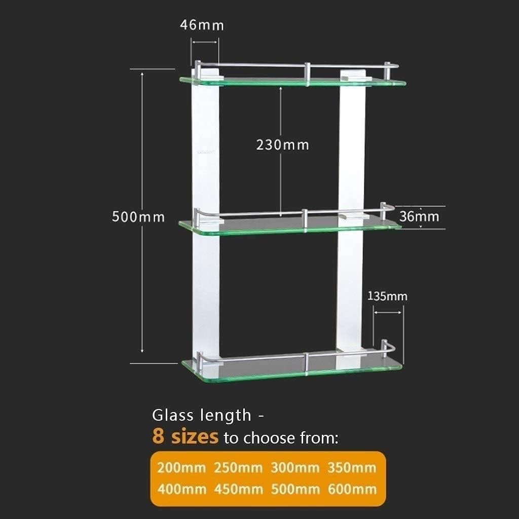 WOLWES Bathroom Shelf Bath Glass Shelves with Rail Space Aluminium Strong Safety Wall-Mount Square Bathroom Accessories Drilling Shower Basket 3 Tiers (Size : 500mm)