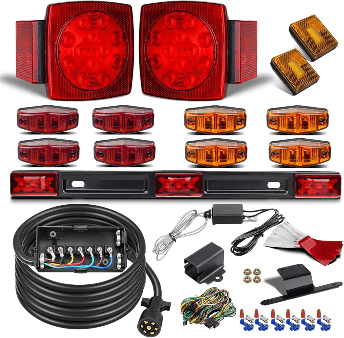 Partsam Submersible Led Truck Trailer Lights Kit 12V 7 Way Trailer Wiring Harness Kit 8ft Trailer Cord 12V Breakaway Switch and Plug Holder