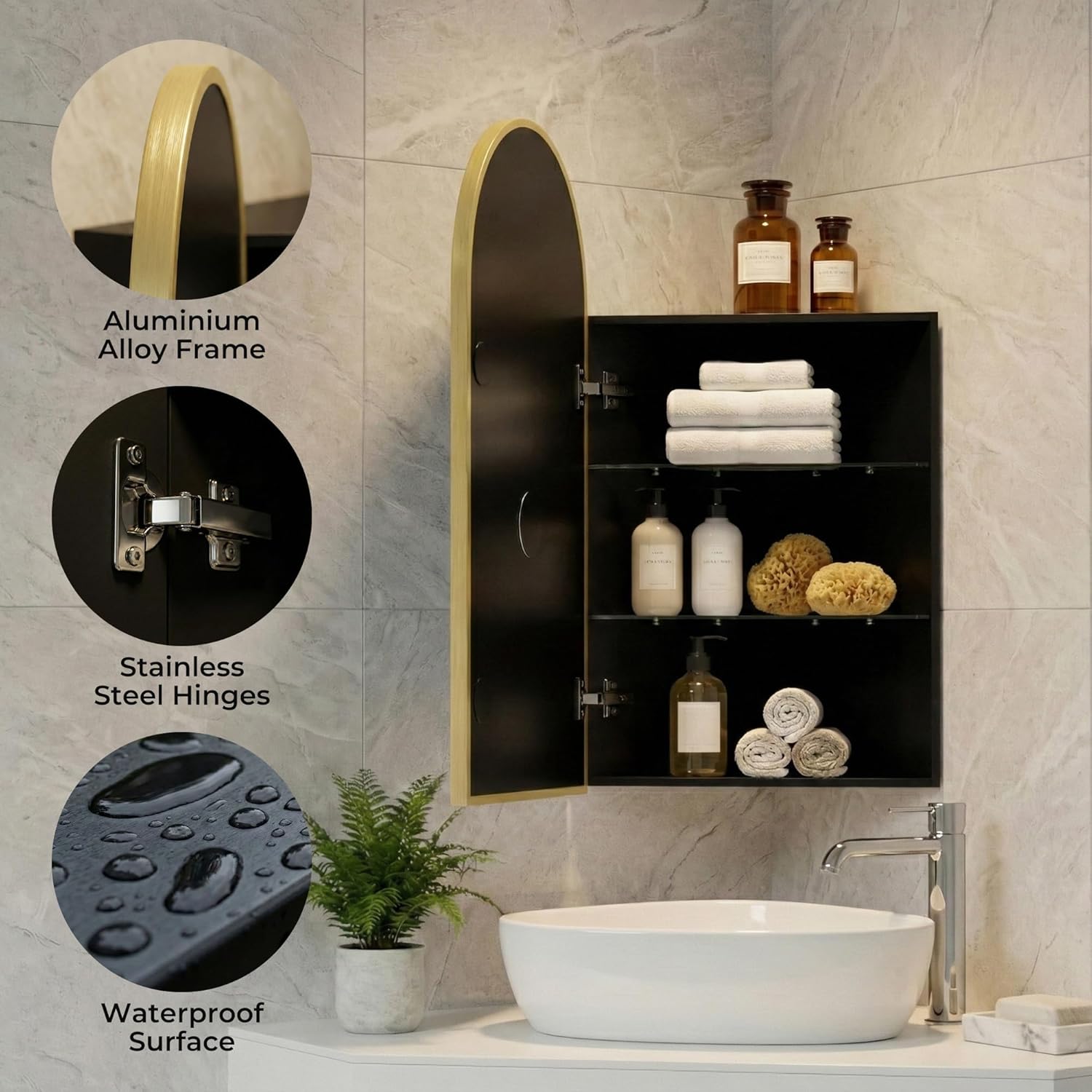 LED Corner Medicine Cabinet with Mirror, One-Touch Defogger, Arched Wall Mount Corner Bathroom Mirrored Cabinets 15.7