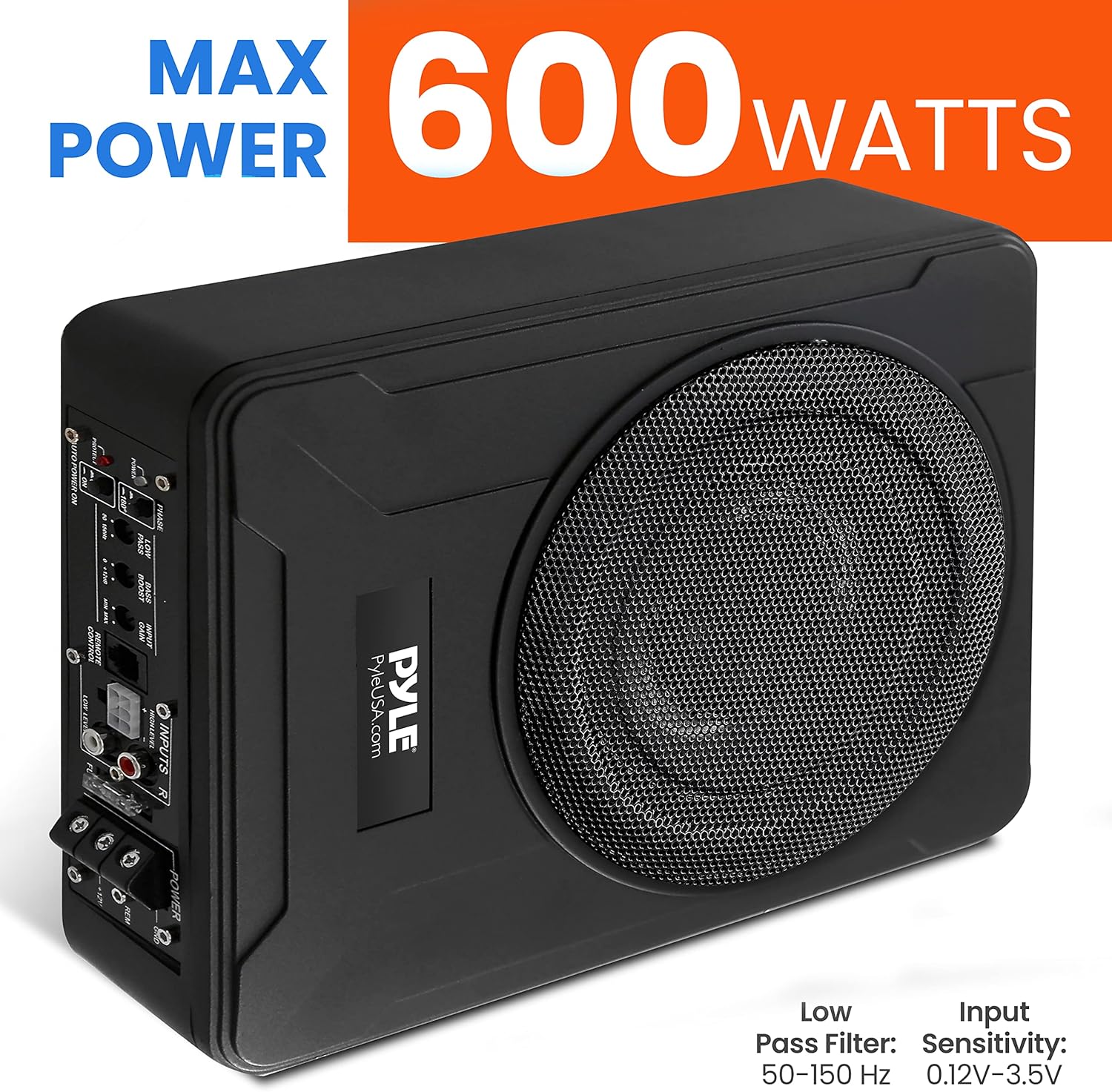 Pyle 8-Inch Low-Profile Amplified Subwoofer System - 600 Watt Compact Enclosed Active Underseat Car Audio Subwoofer with Built In Amp, Powered Car Subwoofer w/ Low & High Level Inputs - Pyle PLBX8A