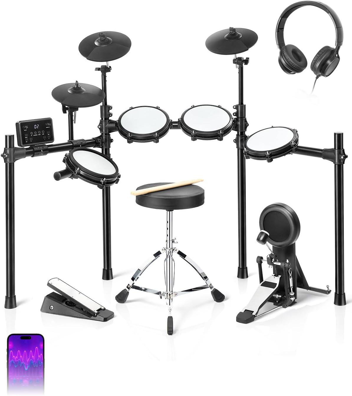Ktaxon Electric Drum Set, Electronic Drum Set with USB MIDI, Dual Power Modes, 3 Smart Coaching, Dual Zone Triggering, Metronome, Record, 225 Authentic Sounds, 64 Polyphony & 30 Demos for Adults(Full)