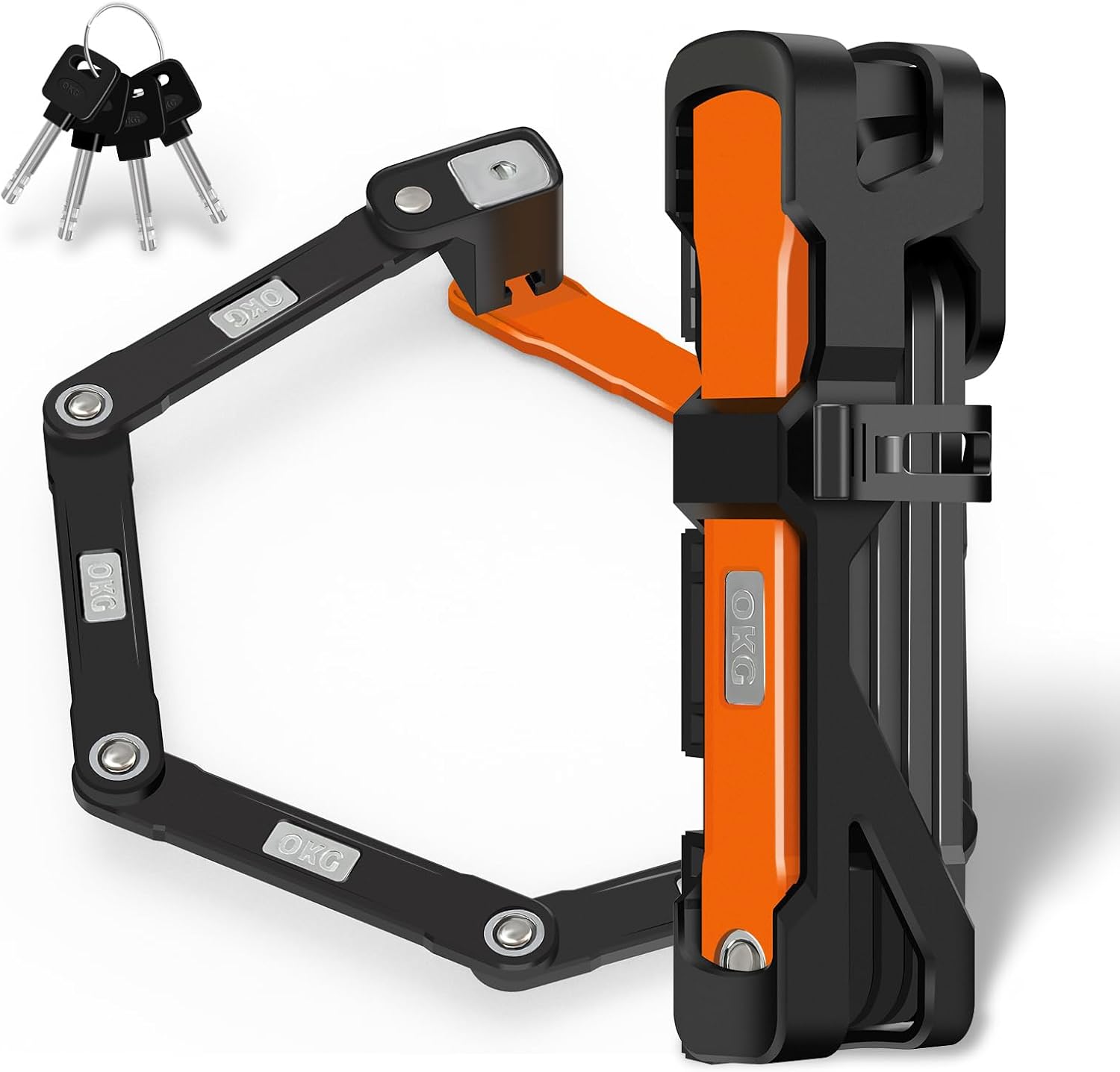 OKG Folding Bike Lock - 3ft Heavy Duty Foldable Bicycle Lock - High Security Grade, Hardened Steel - Anti-Theft, Anti-Cut, Anti-Pry, with Mount Bracket Kit- for E-Bike, Moped (4 Keys, Orange-Black)