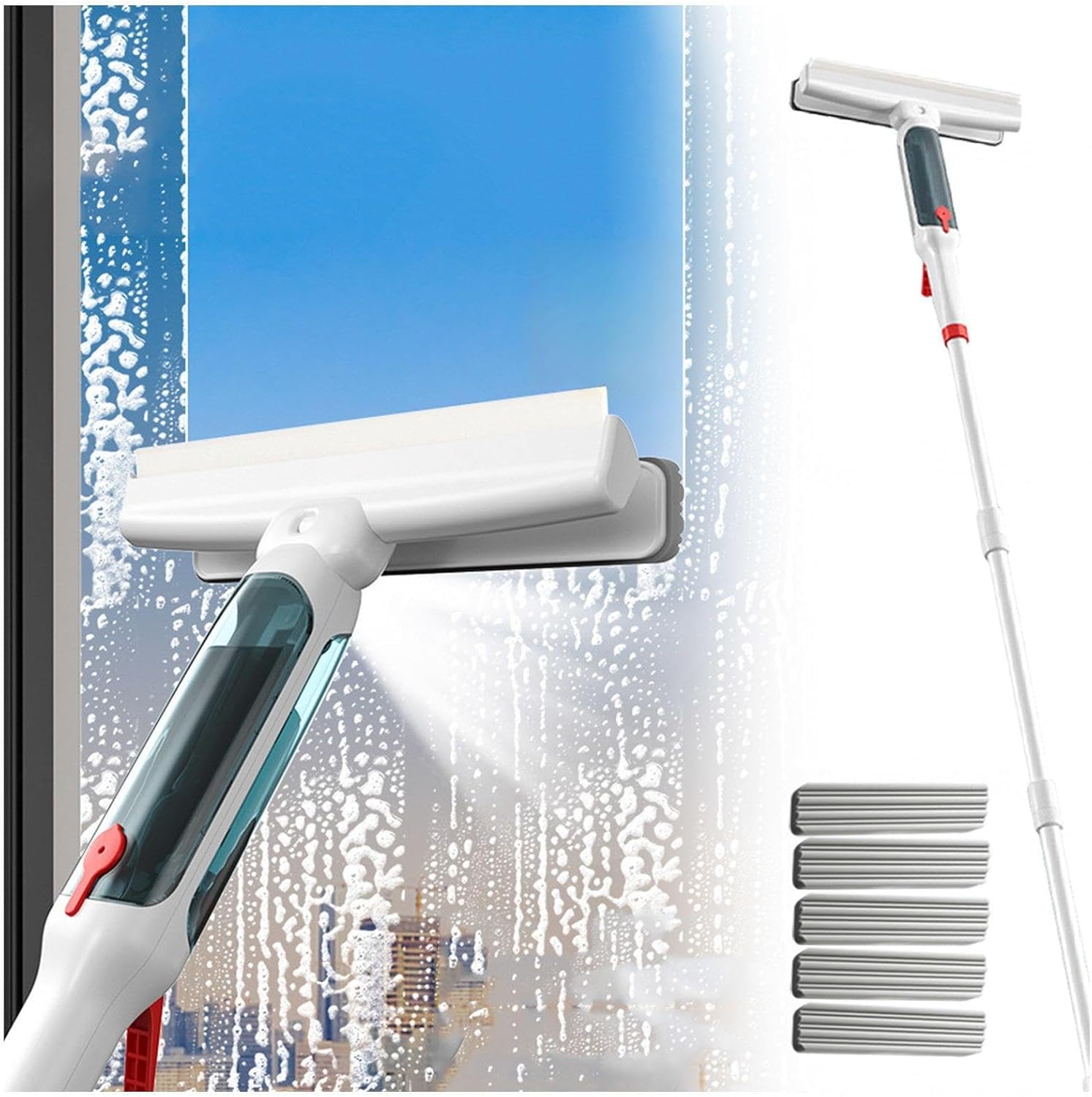 75'' Spray Window Cleaning Kit with 4-Section Extension Pole, 4 in 1 Squeegee for Window Cleaning Professional Window Cleaning Kit with Sewage Collector and 5 Pads