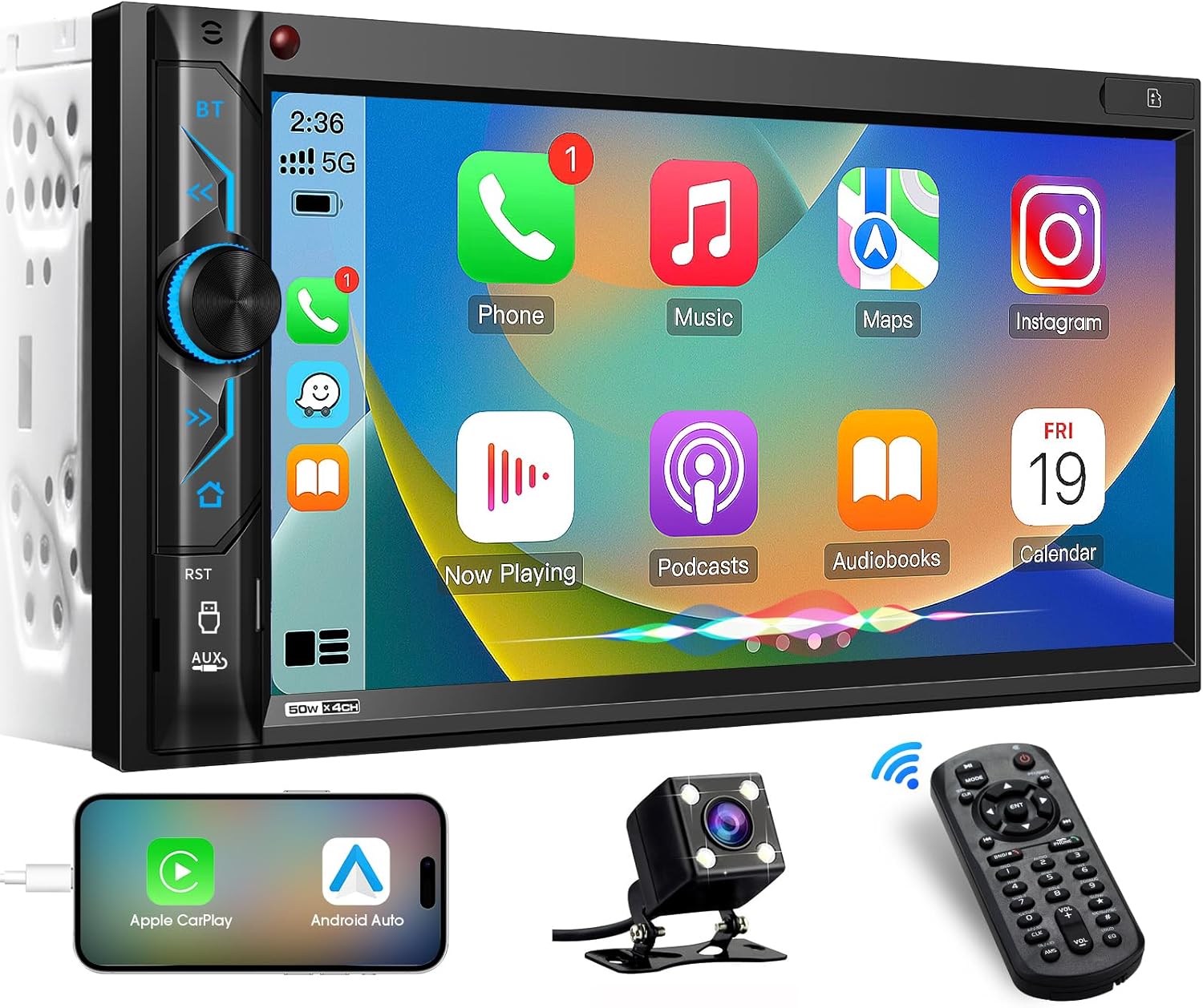 Double Din Car Stereo Receiver: CarPlay Android Auto Car Digital Multimedia System - Bluetooth 7 Inch Touchscreen MirrorLink AM FM Radio USB SD Aux-in HD Backup Camera Audio Output Subwoofer