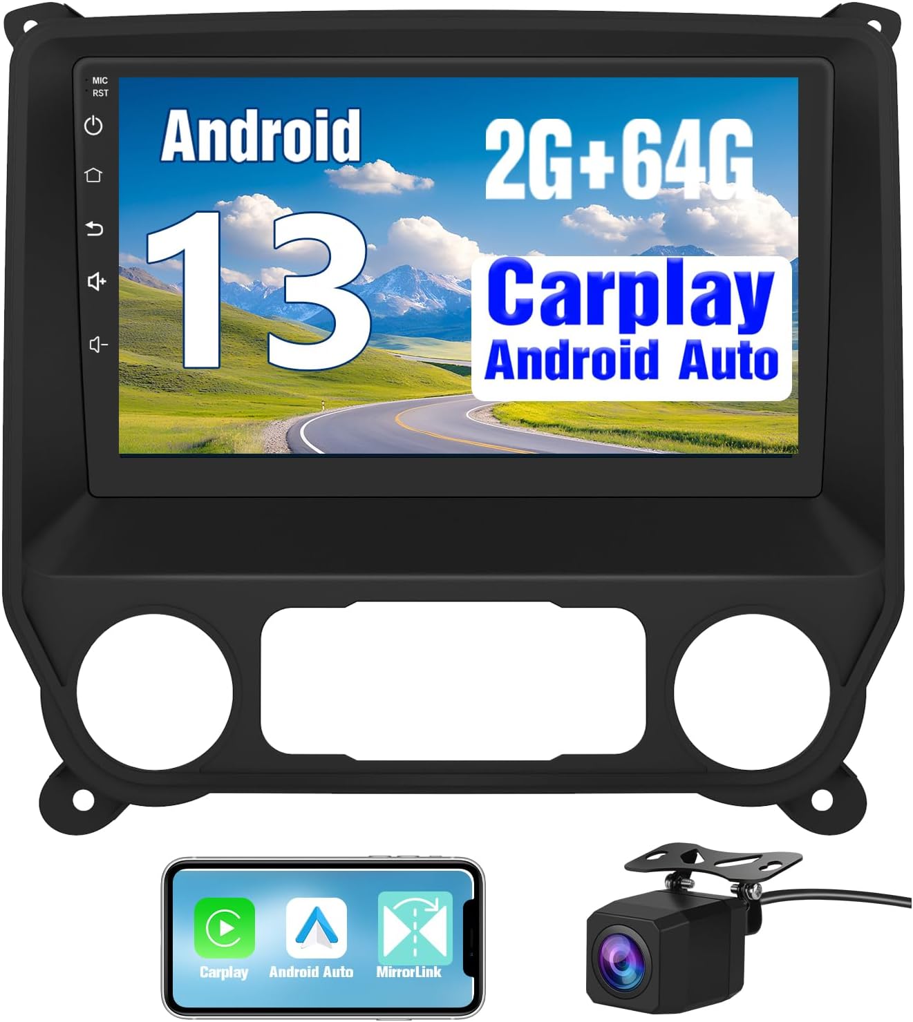 Car Radio Stereo for Chevy Silverado/GMC Sierra 2014-2019 Android 13 2GB+64GB Radio Upgrade Replacement 10 Inch Touchscreen with CarPlay Android Auto with Bluetooth/GPS/FM/AM/BackCamera