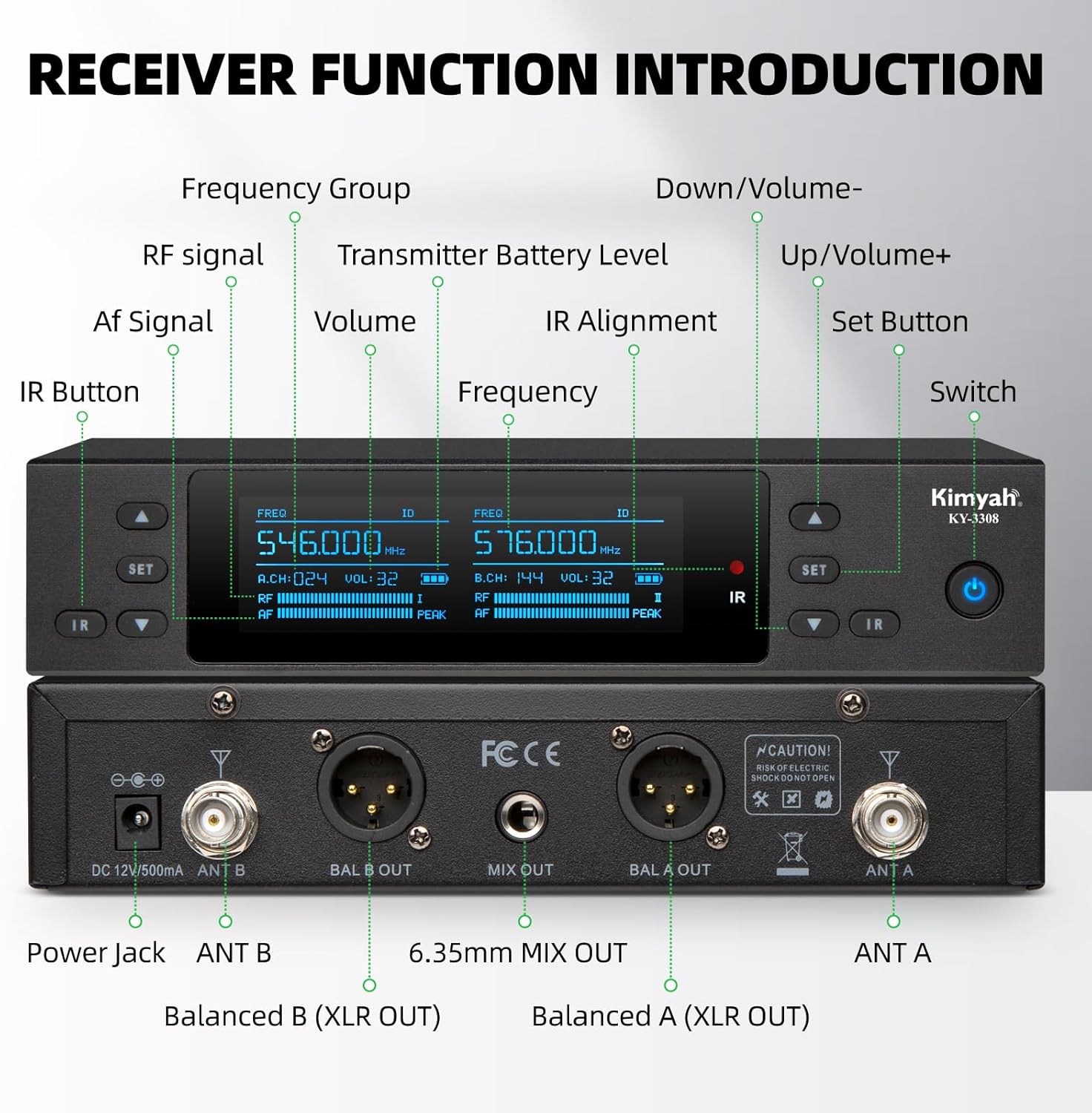 Kimyah Wireless Microphones System, 2x100 Channels Metal Cordless Handheld Microfonos, 328FT UHF Range, Mics with Stable Signal Transmission for Professional Stage, DJ and Party Karaoke(KY-3308)