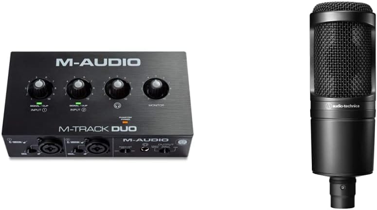 M-Audio M-Track Duo – USB Audio Interface & Audio-Technica AT2020 Cardioid Condenser Studio XLR Microphone, Ideal for Project/Home Studio Applications