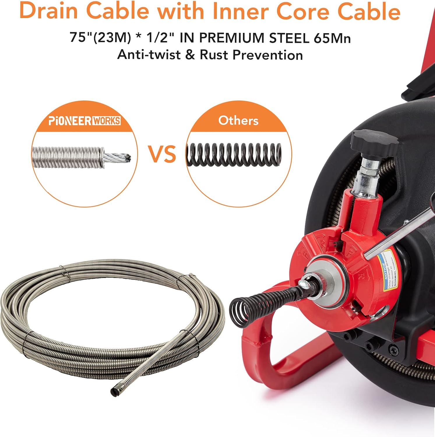 PIONEERWORKS 75Ft x 1/2 In Auto-feed Drain Cleaner Machine 5.8A, Electric Drain Auger Professional for 2 to 4 Inch Pipes, with 6 Cutters, GloveS, Drain Auger Cleaner Sewer Snake