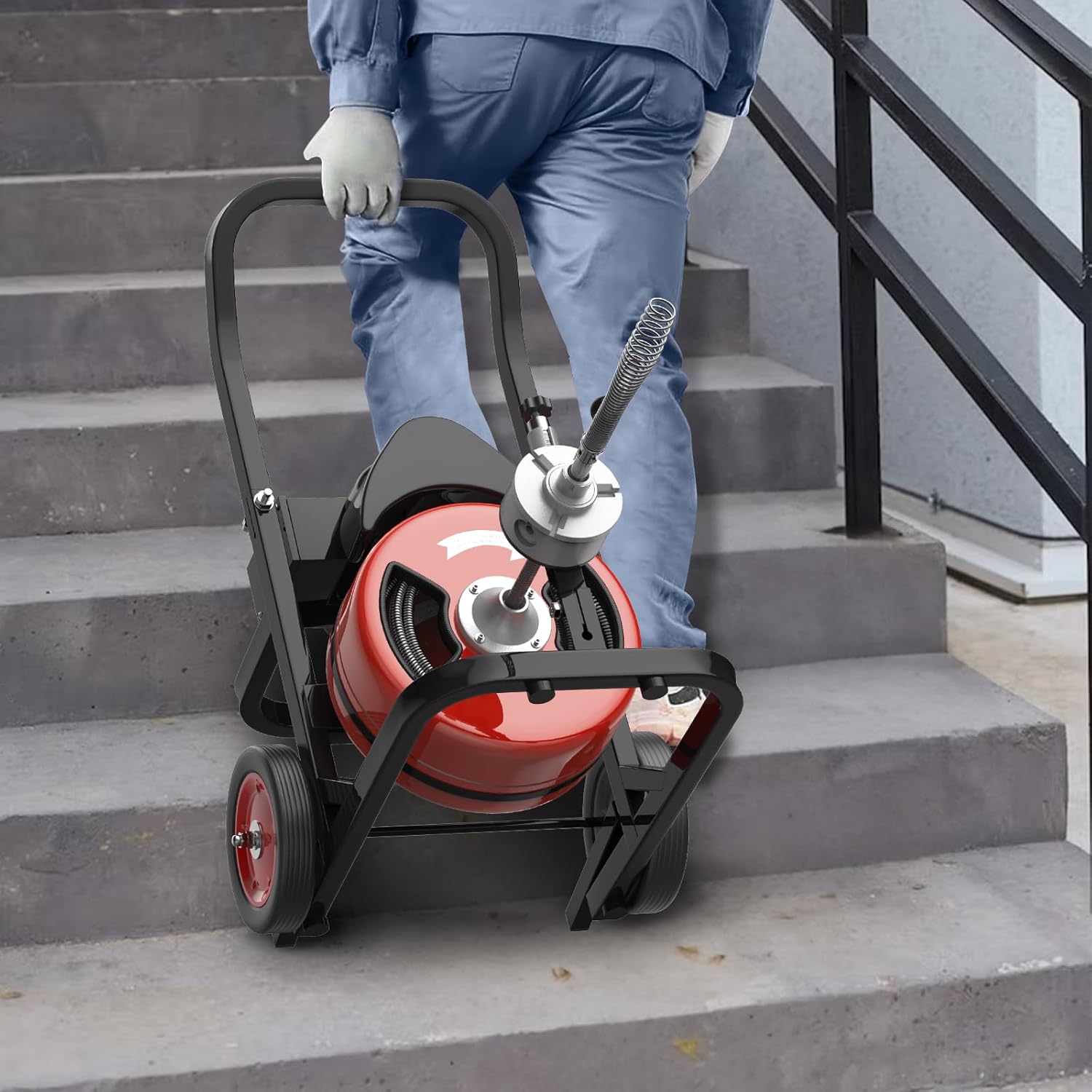 100FT Electric Drain Cleaning Machine with 1/2 Inch Cable, 450W Auto Feed Portable Sewer Snake, Air-Activated Foot Switch, 6 Interchangeable Cutters for 2