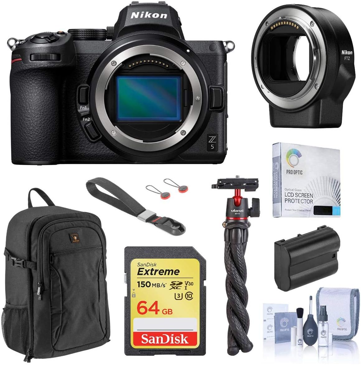 Nikon Z5 Full Frame Mirrorless Camera (Body Only) Bundle with FTZ II Mount Adapter, 64GB SD Card, Backpack, Wrist Strap, Extra Battery, Octopus Tripod, Screen Protector, Cleaning Kit