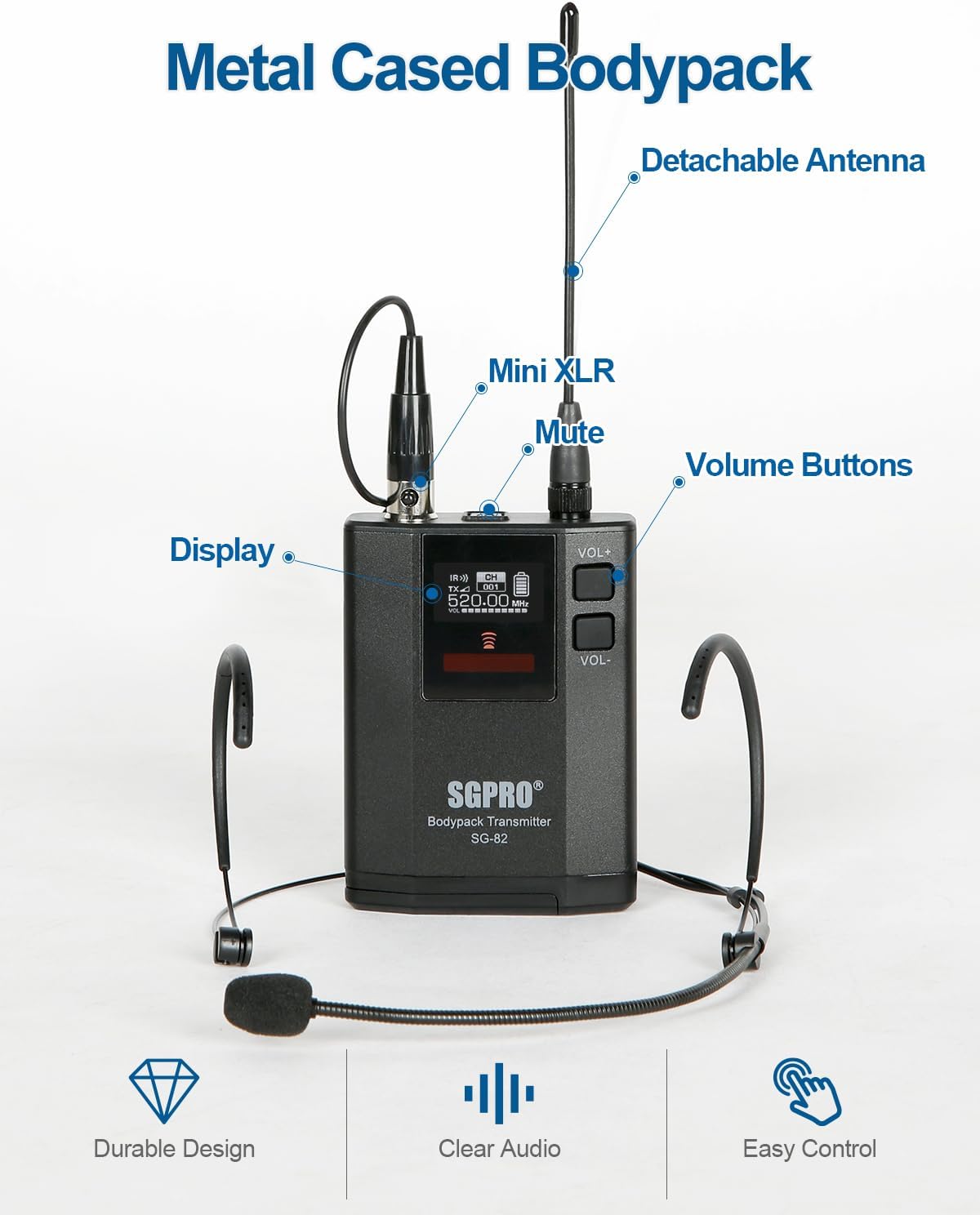 Dual Wireless Microphone System - Metal Transmitter & Receiver, 520-590 MHz Adjustable Frequency, Antenna Diversity, Superior Sound Quality, Ideal for Professional Audio and Events (SG-82BB)