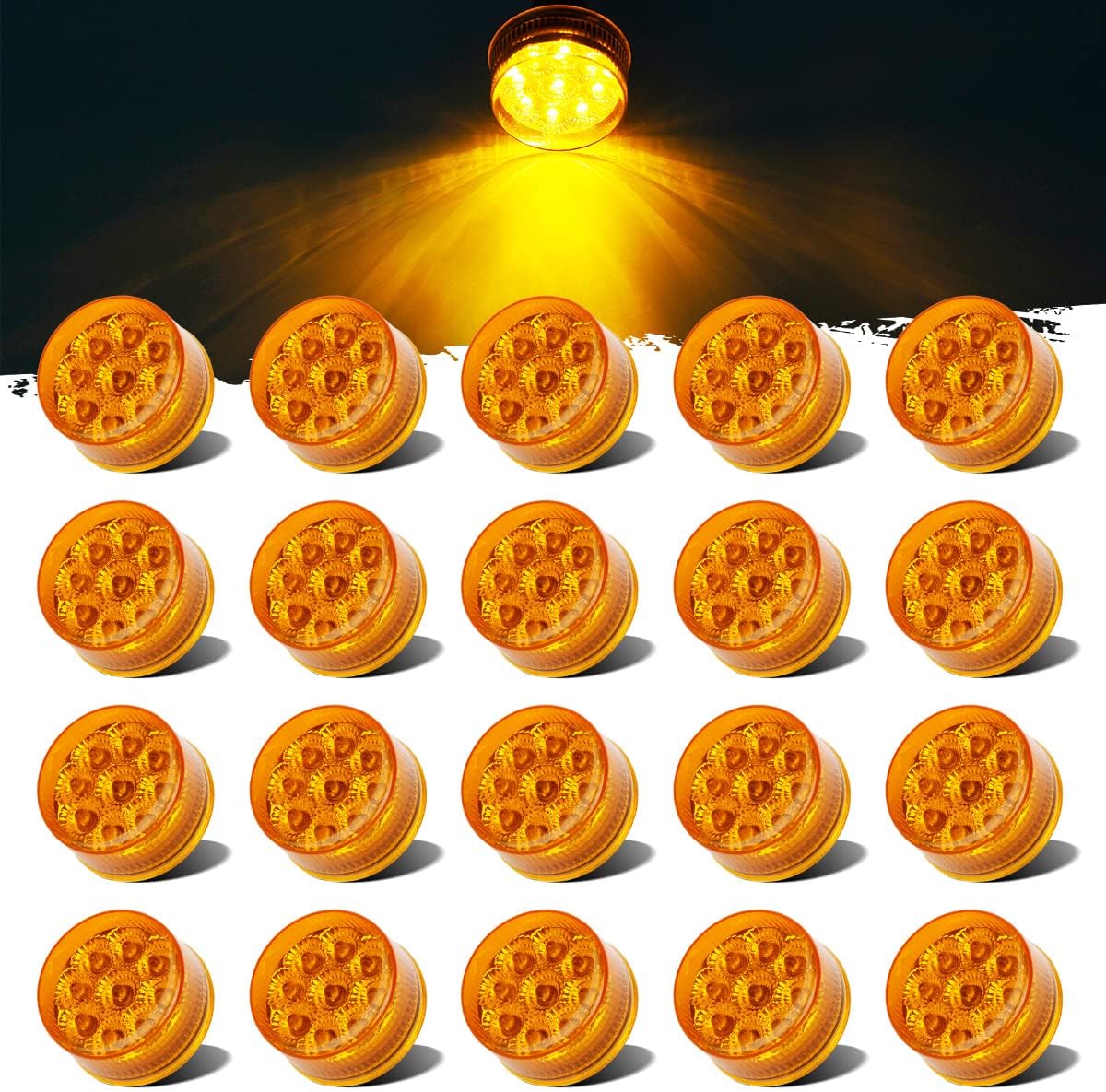 Partsam 20Pcs 2 inch Round Amber 9Led Side Marker Turn Signal Clearance Light with Reflectors for Trailer Truck, Seal Waterproof, 12V