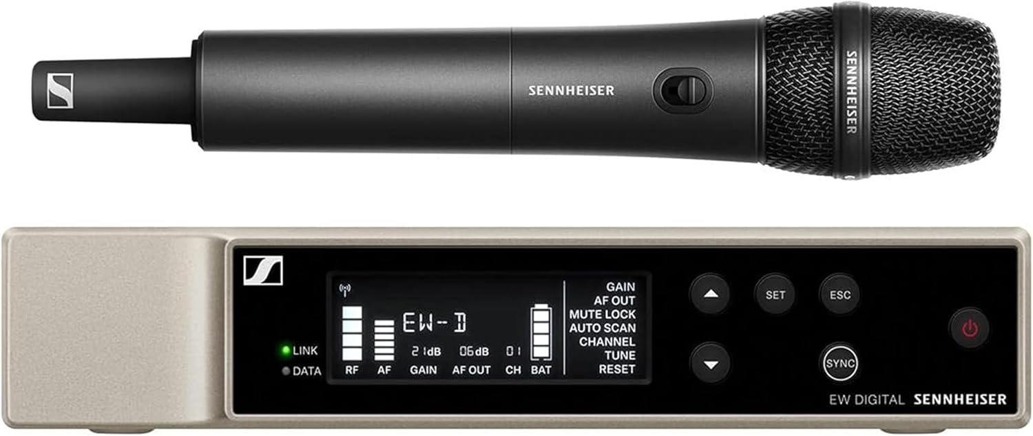 Sennheiser Combo Wireless Handheld & Lavalier Microphone System Bundle with 10ft Pig Hog Mic Cable, 4 AA Batteries & Polishing Cloth – EW-D ME2/835-S (R4-R9), Clear Digital Audio, UHF Transmission