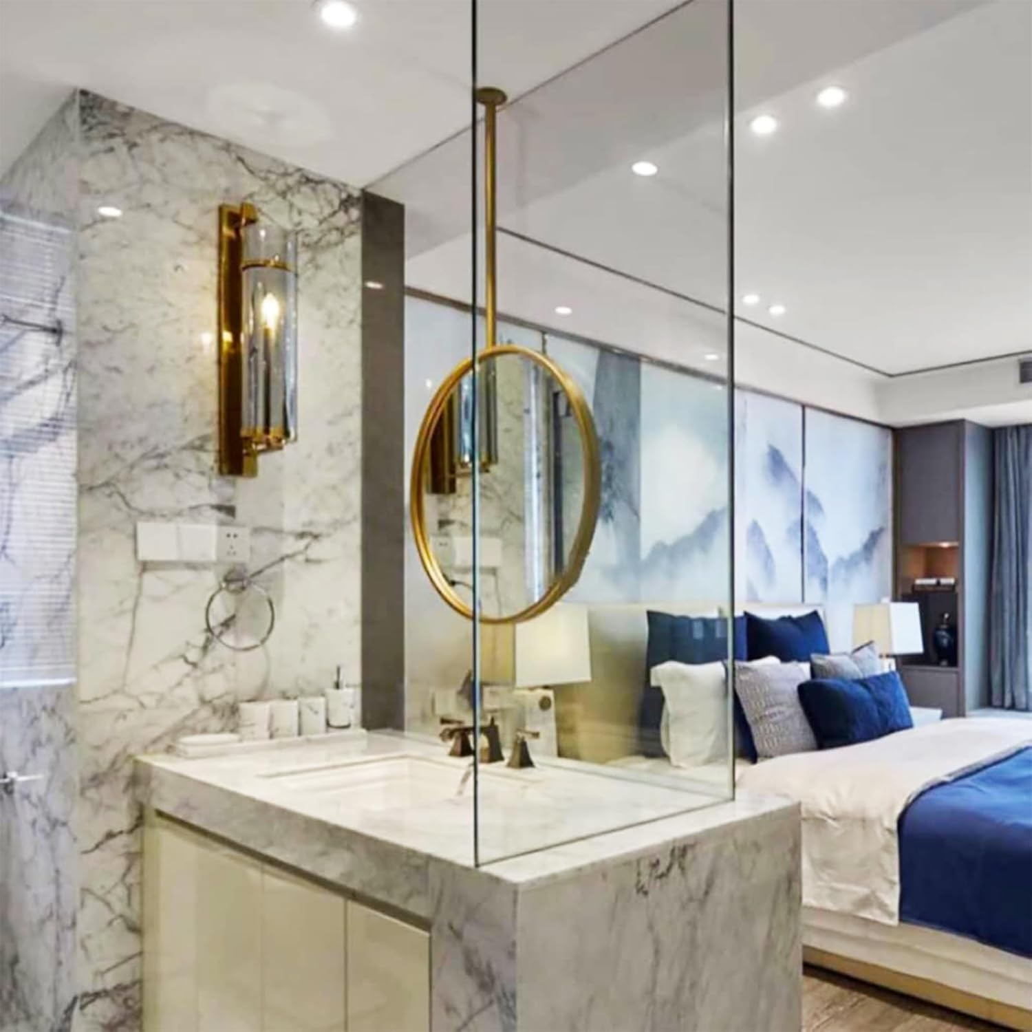 Ceiling Mounted Entryway Mirror Ceiling Mount Bathroom Wall Decor Mirror Hanging Rod Vanity Make-up Corner Mirror Wall Mount Mirrors Metal Pole Ceiling Suspended Mirror Circle Gold Black Pivot Mirror(