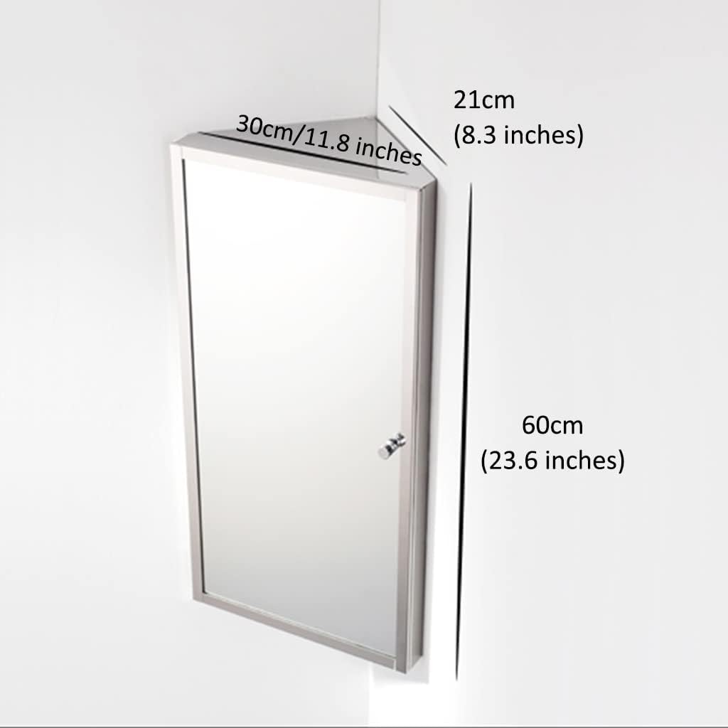 Wall Mount Corner Medicine Cabinet with Mirror, Bathroom Mirror Cabinet, Polished Stainless Steel - Left/Right Open Mirror Door, Three Shelves,11.8” X 23.6