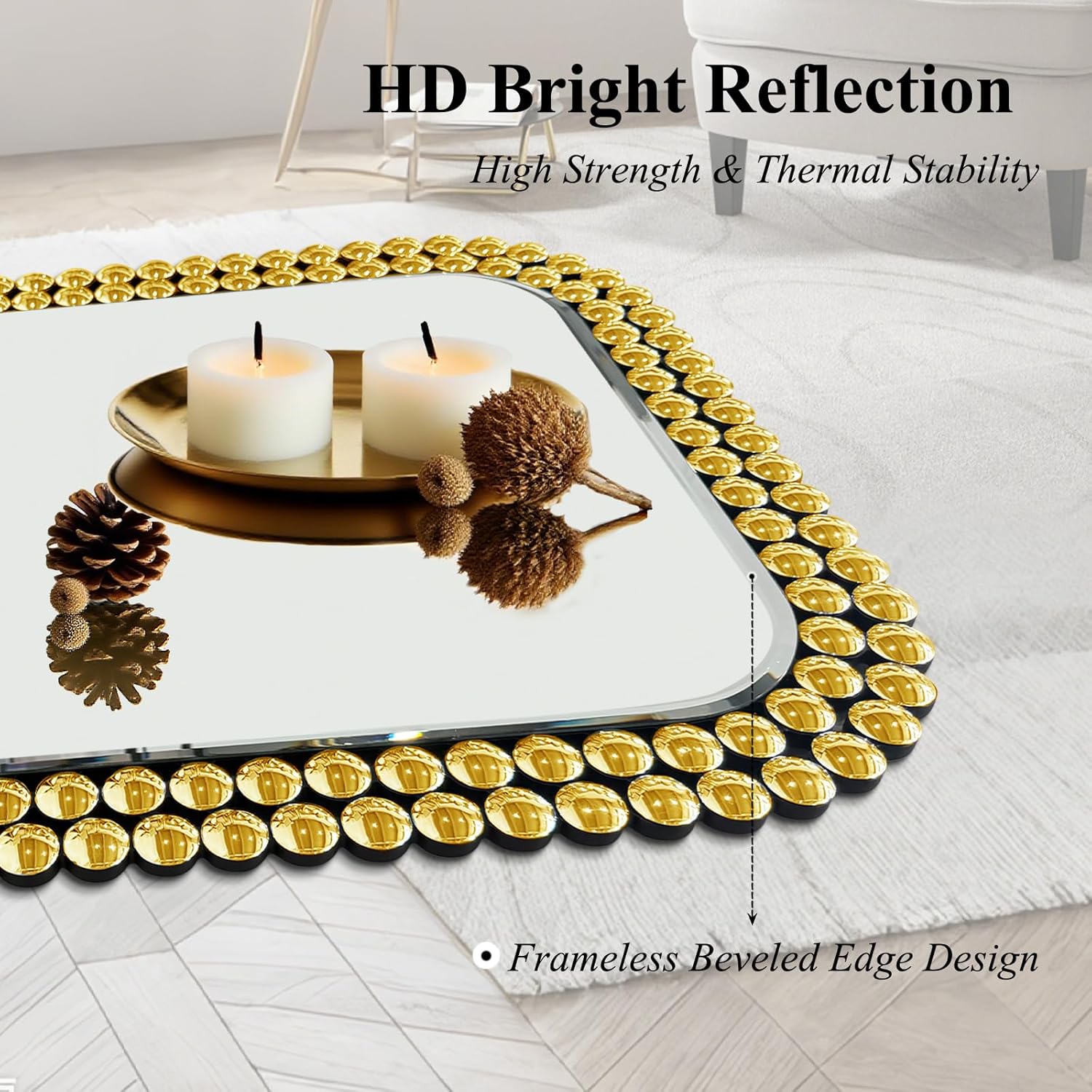 Wall Mount Bathroom Mirror Beaded Framed Baroque Decorative Vanity Mirror Rounded Corner Rectangle Mirror for Wall,Over Sink，Bedroom