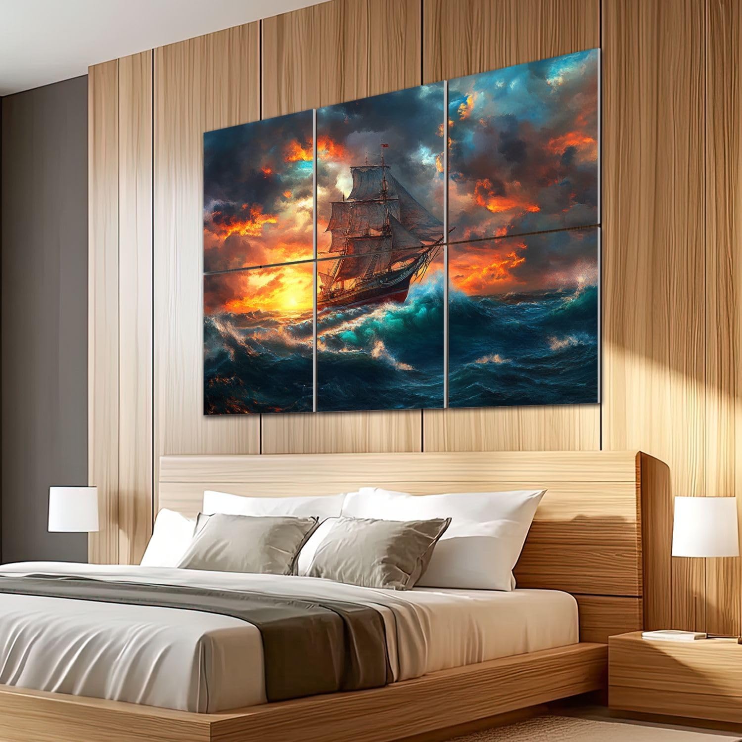 6 Pack Art Acoustic Panels Sound Absorbing Stormbound Sailing Ship Rough Sea Waves Dramatic Sky Sunset Clouds Oil Decorative Soundproof Wall Panels Self Adhesive for Recording Studios Office 72