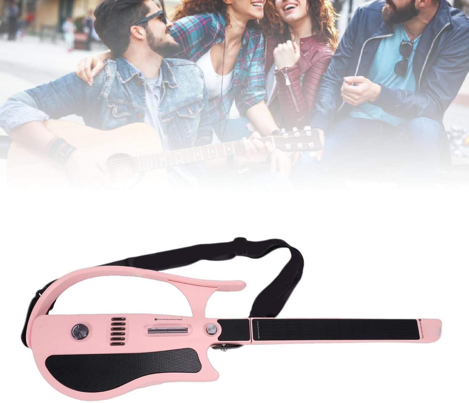 Drfeify Stringless Smart Guitar, Portable Foldable Travel Backing Electric Guitar, Precise Tuning for Beginner Pink