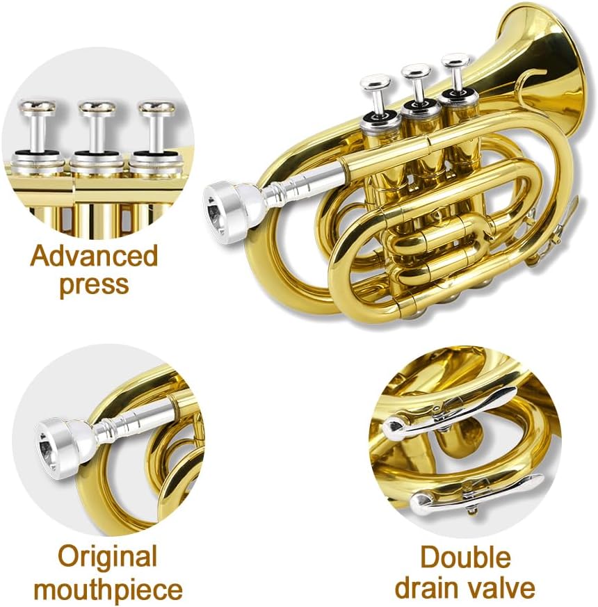 Yinfente Bb Flat Pocket Trumpet Bass Trumpet For Beginner,Student With Cleaning cloth, Silver plated 7C mouthpiece,hard case White gloves (Gold)