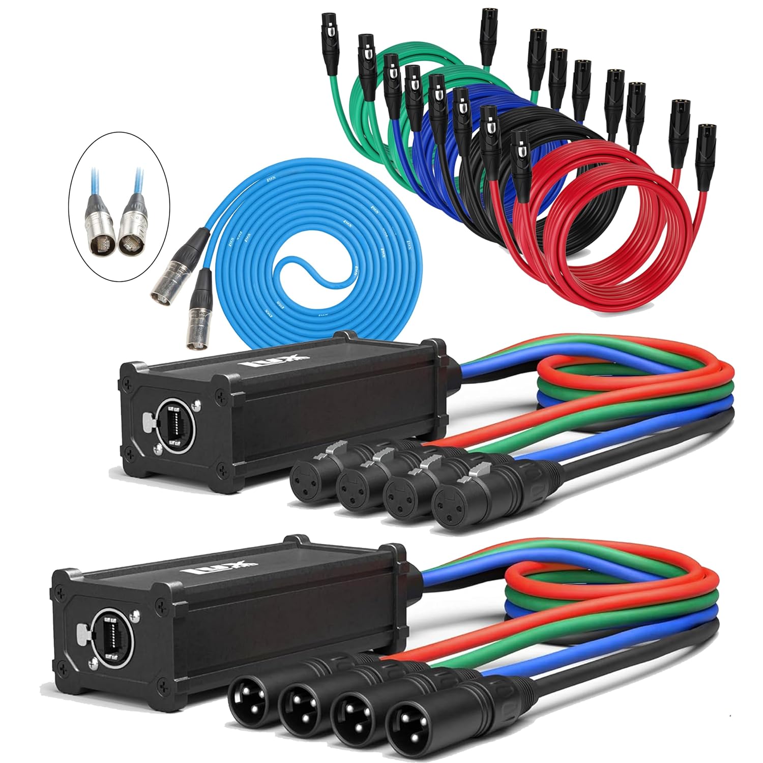 LyxPro Pair of Audio Snake 4-Channel XLR 3 Pin XLR to RJ45 with Ethercon CAT6 6' Feet Shielded Ethercon RJ45 Cable - Blue & 8-Pack of 15FT XLR Cables - Assorted Colors (Blue,Black,Green,Red)