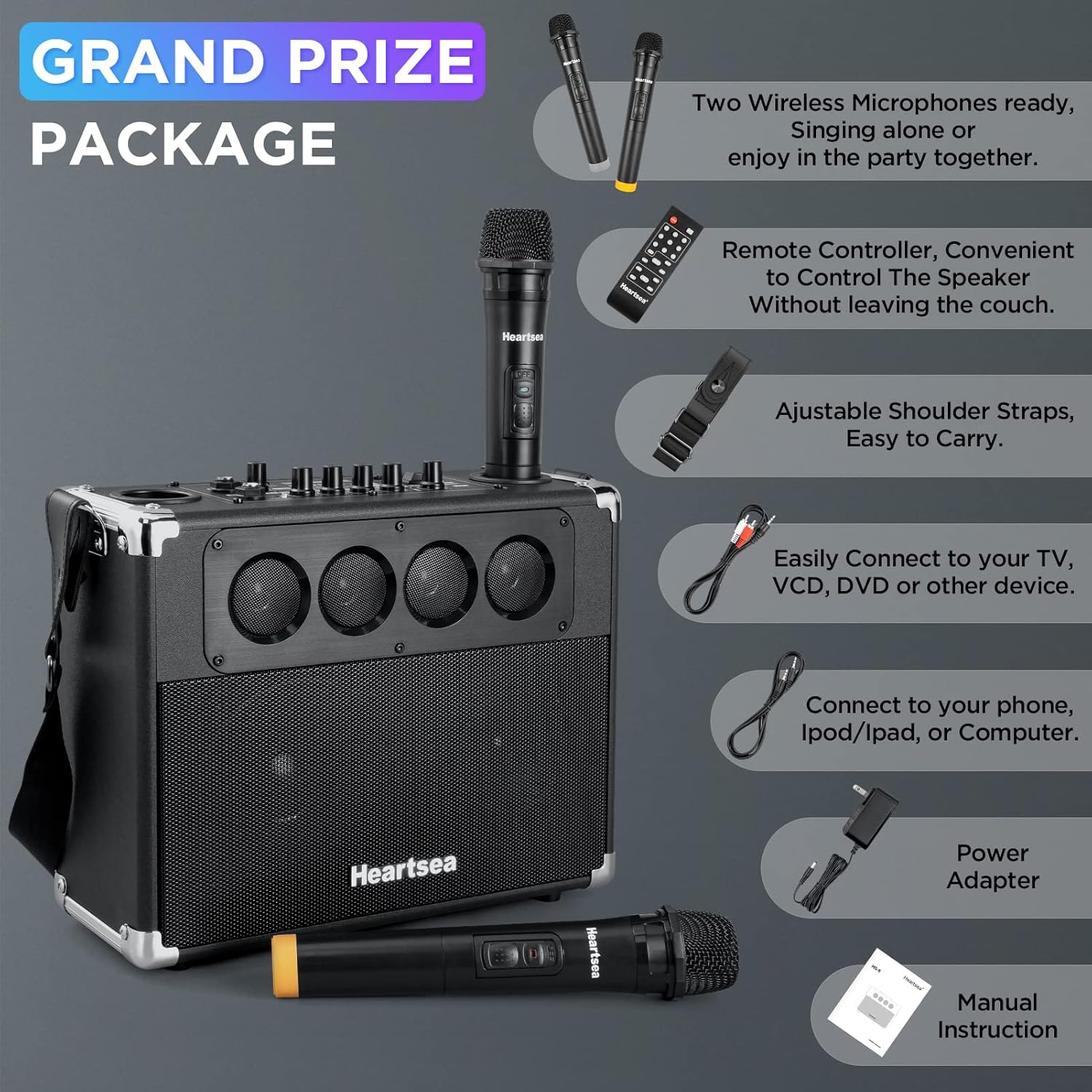 HEARTSEA Karaoke Machine with 2 Wireless Microphones, Portable Bluetooth Karaoke Speaker for Adults, Home Party & Outdoor Use, 100W 3-Way PA System, TWS Pairing, Rechargeable Battery