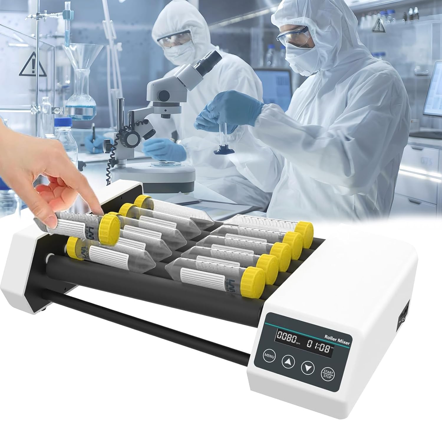 Lab Roller Mixing Machine, Lab Orbital Shaker Mixer(20-80rpm), Drum: 6/8 Rollers(Length:28CM), with Continuous/Timer Mode, High/Low Axis, for 6-34 MM Centrifuge Tubes,6pro