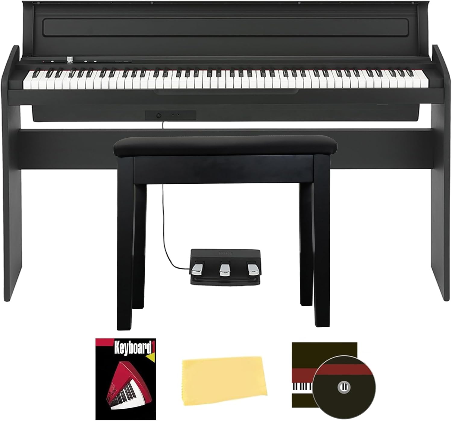 Korg LP-180 Digital Piano - Black Bundle with Furniture Bench, Instructional Book, Austin Bazaar Instructional DVD, and Polishing Cloth