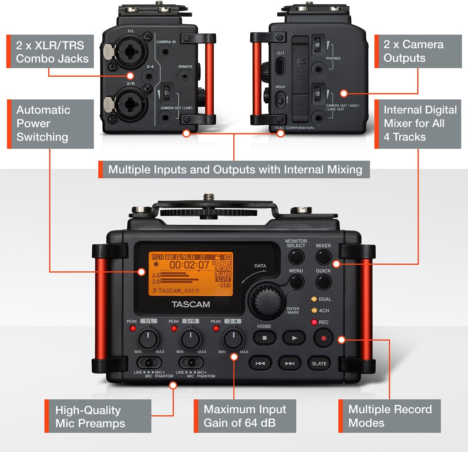 TASCAM 4-Channel Portable Audio Recorder for Videographers, 2 Combo XLR/TRS