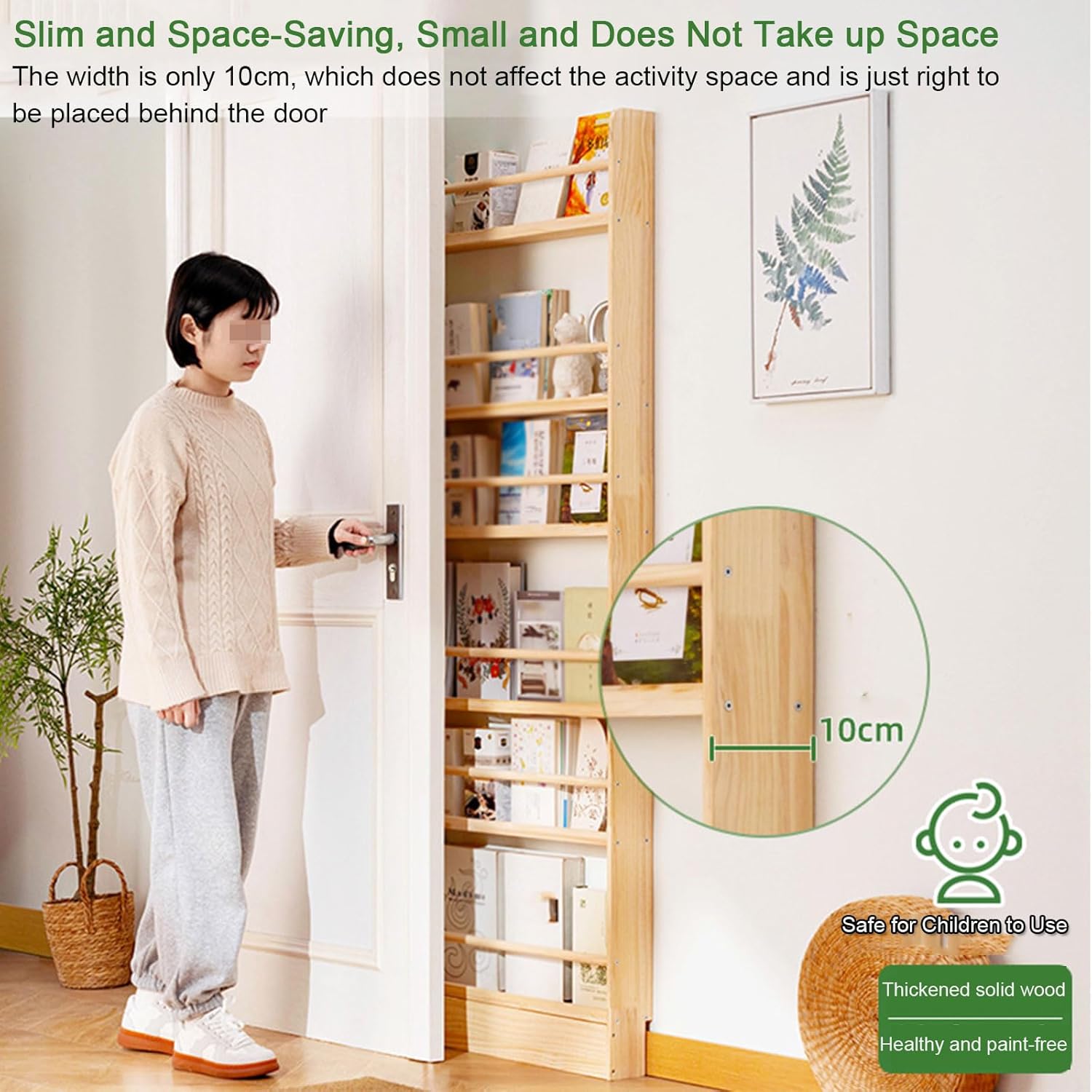 Behind The Door Bookshelf Solid Wood Bookcases with Open Display Shelves Behind The Door Storage Organizer for Toys and Books Space-Saving Wall Mount Narrow Book Shelf,60 * 10 * 143cm