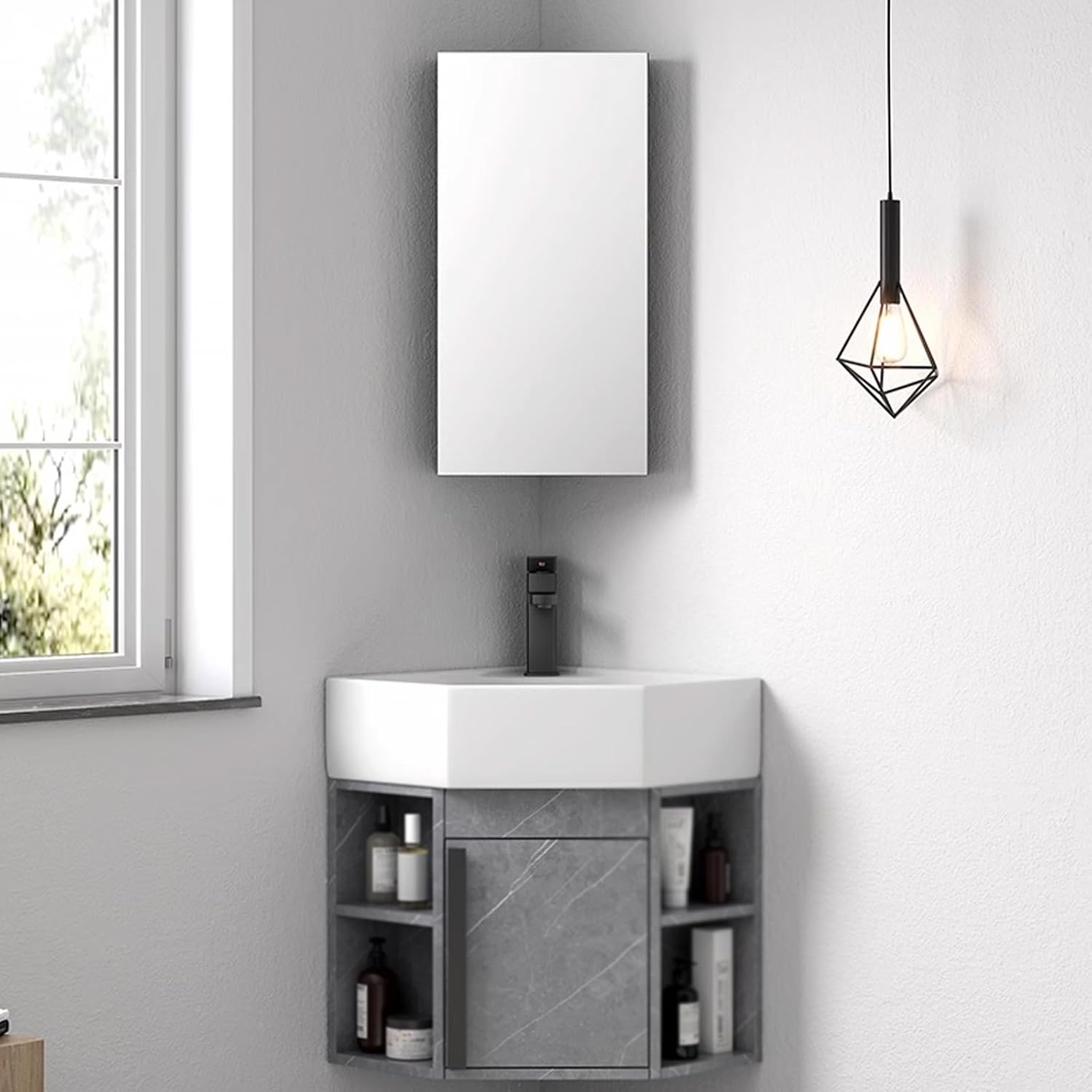 Small Wall Mount Corner Bathroom Vanity Sink Combo, Corner Vanity Cabinet with Ceramic Sink & Mirror Cabinet, Wall Mounted Utility Washing Hand Basin Design, for Small Space(40cm/15.7in) (One Co