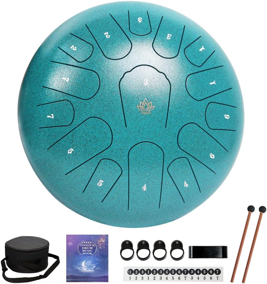 Rain Drum for Outside Garden,Steel Tongue Drum 12 Inches 15 Notes Musical Instruments, Handpan Drum Percussion Instrument, with Soft Bag, Music Book, 2 Mallets, for Meditation or Yoga (Green)
