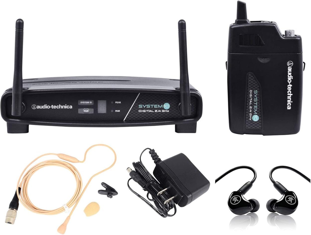 Audio Technica ATW-1101/H92-Th System 10 Wireless Beige Headset Mic System Bundle with Mackie MP-120 Single Dynamic Driver Professional in-Ear Monitors with Carry Case