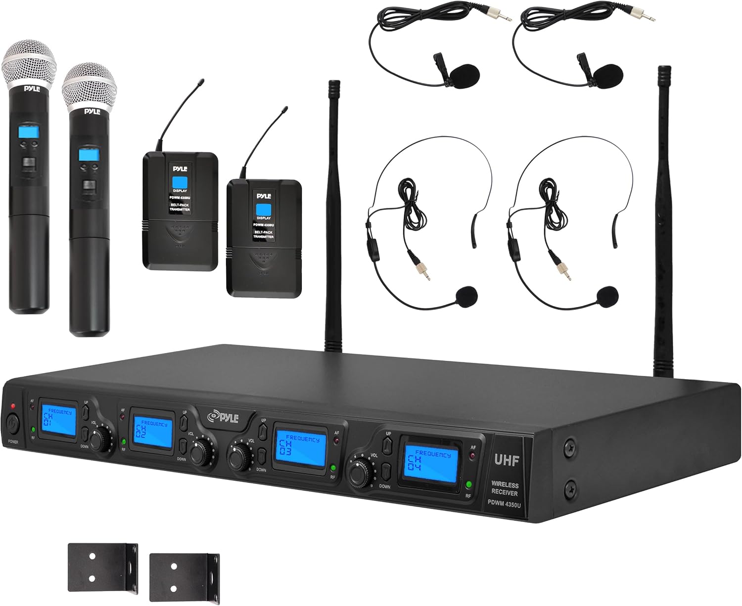 Pyle Upgraded Wireless Microphone System - 4-Channel UHF, Adjustable Frequency, Includes (2) Handheld Mics, (2) Beltpack Transmitters, (2) Lavalier Mics & (2) Headset Mics - PDWM4350U