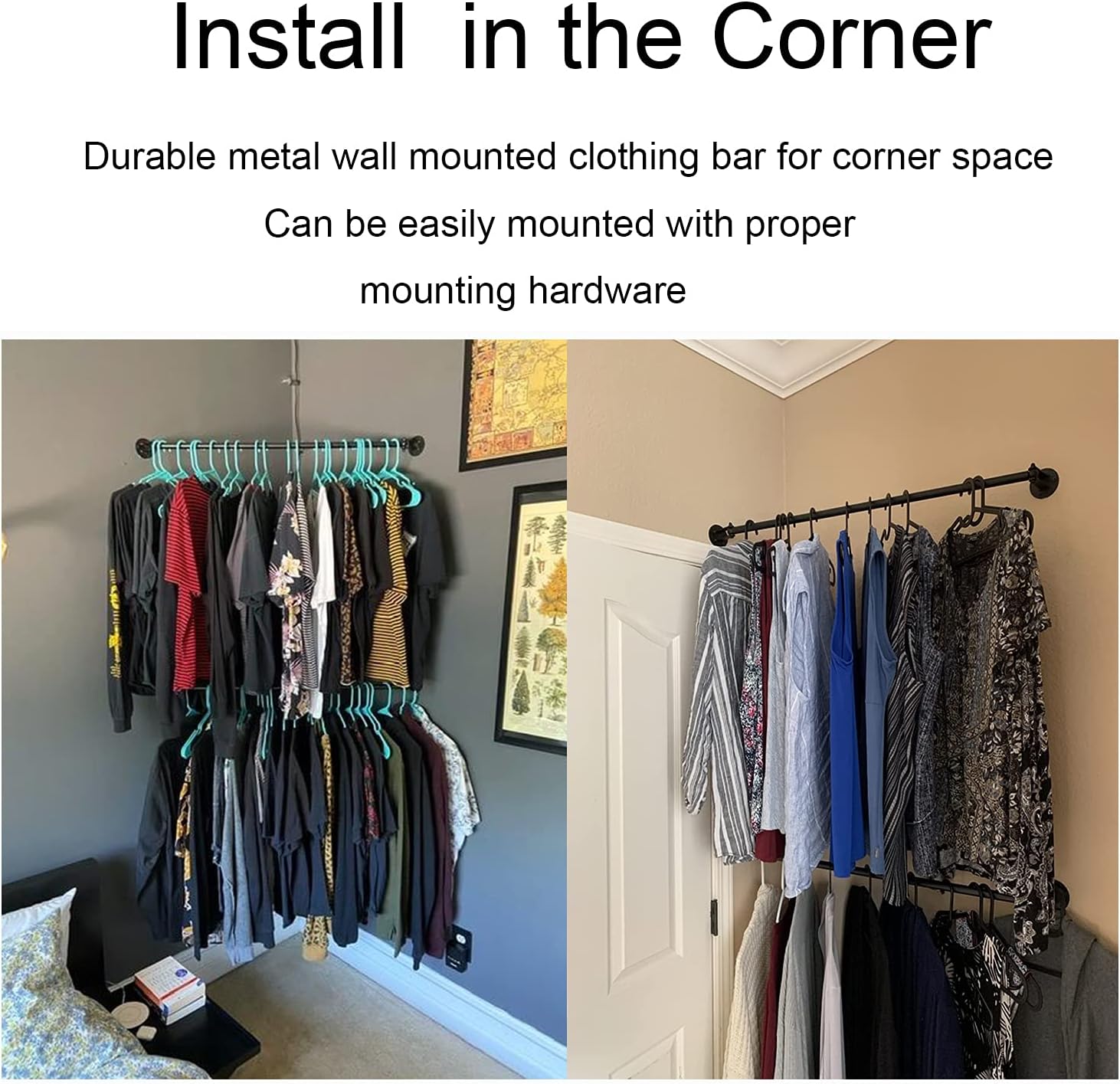 MYOYAY Corner Garment Rod 34 inches 2 Pack Industrial Pipe Clothes Hanging Bar For Corner Angle Adjustable Wall Mounted Clothes Rack Black Space Saving Metal Dryer Rails