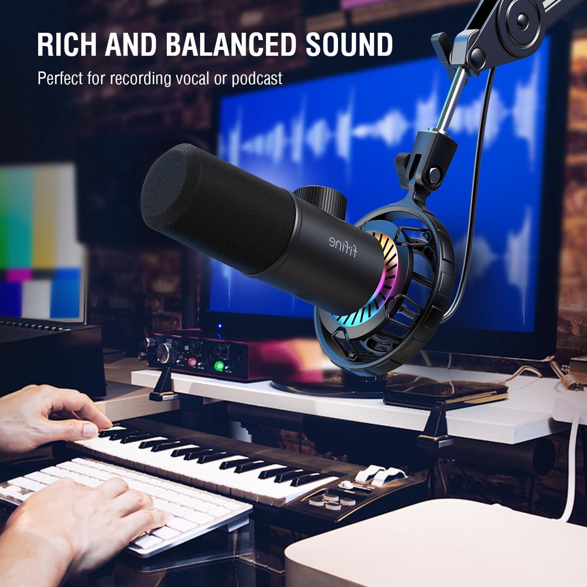 FIFINE USB Gaming Microphone and Mic Arm Stand Kit, RGB Dynamic Mic with Tap-to-Mute, Headphones Jack for PC, Heavy Duty Boom Arm Bundle with Desk Mount, 5/8