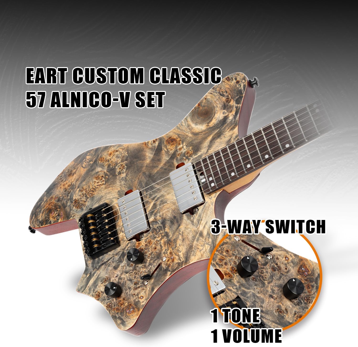 EART GW2 Solid body Headless Electric Guitar, 25.5 inch Scale, Roasted Padauk Body, Rosewood Fingerboard, Black