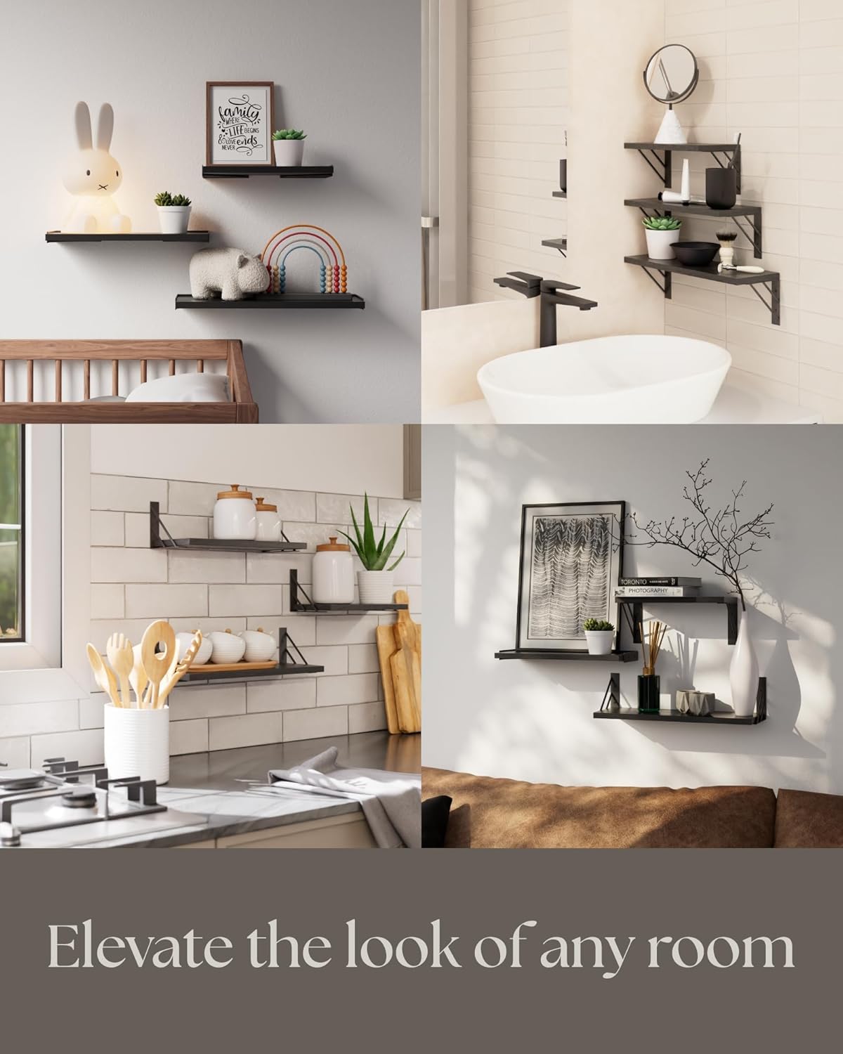 BAYKA Wall Shelves for Bedroom Decor, Floating Shelves for Wall Storage, Wall Mounted Rustic Wood Shelf for Books,Plants,Small Wall Shelf for Bathroom,Kitchen,Living Room(Black，Set of 3) (Pack of 2)